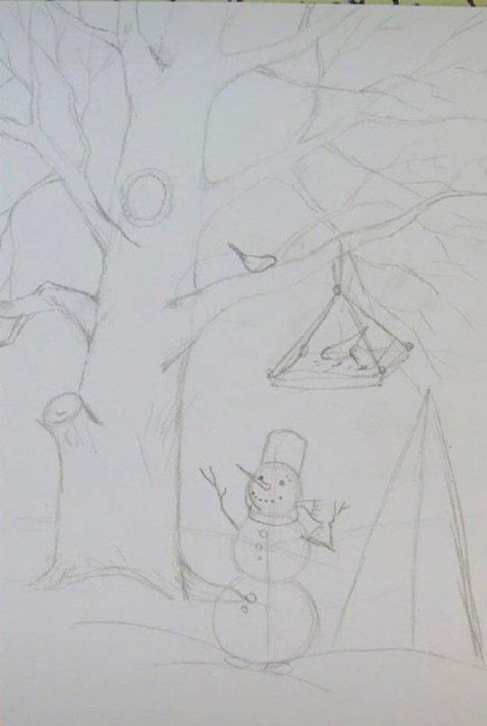 Зимний пейзаж карандашом