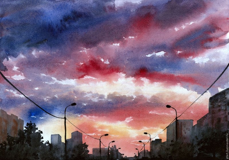 Закат в городе акварелью