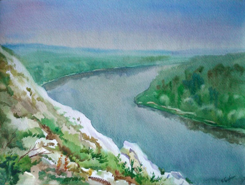 Река Кама акварель