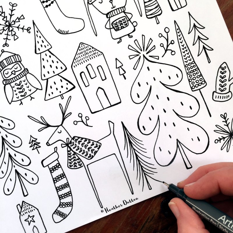 новогодние рисунки в скетчбуке