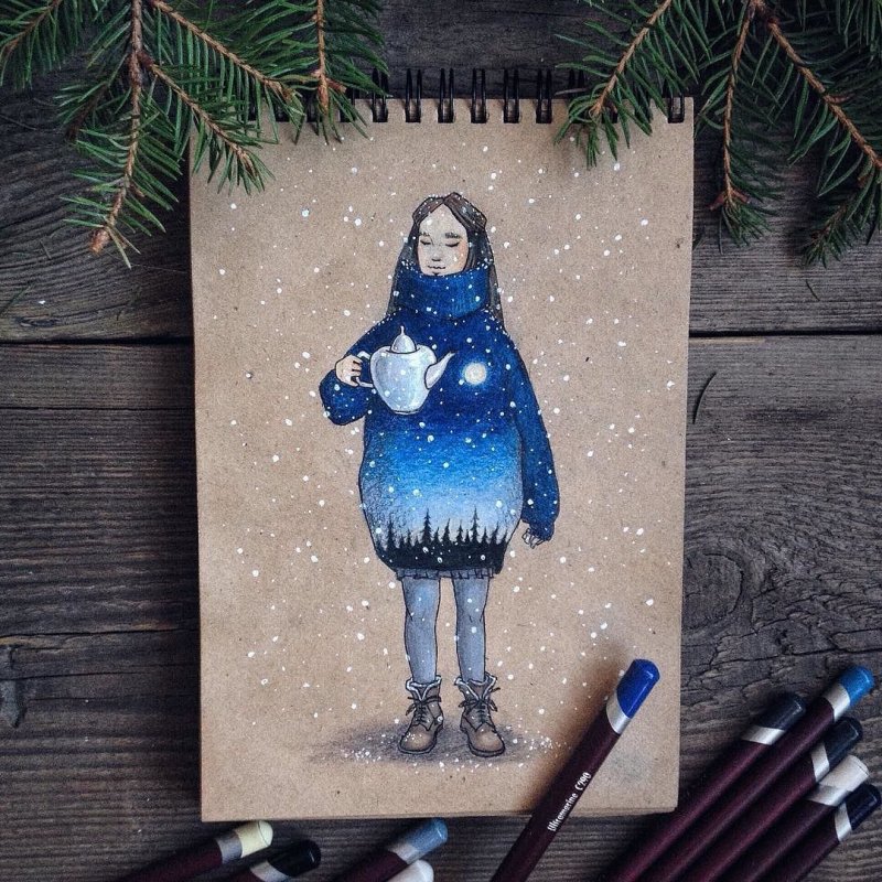 Новогодние рисунки акварелью
