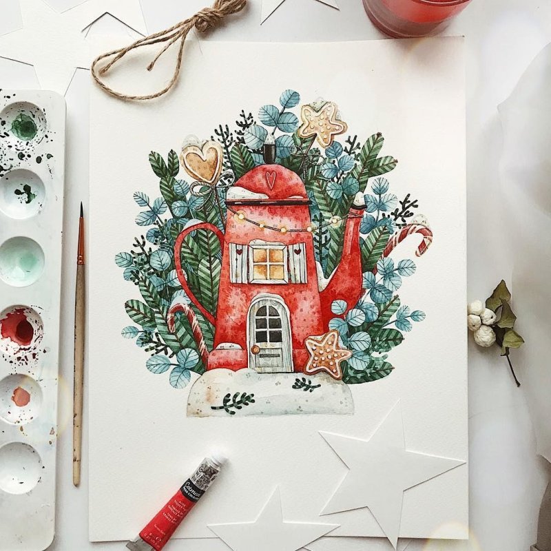 Новогодние рисунки акварелью