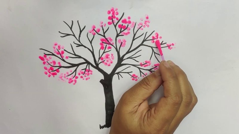 Цветущая Сакура ватными палочками