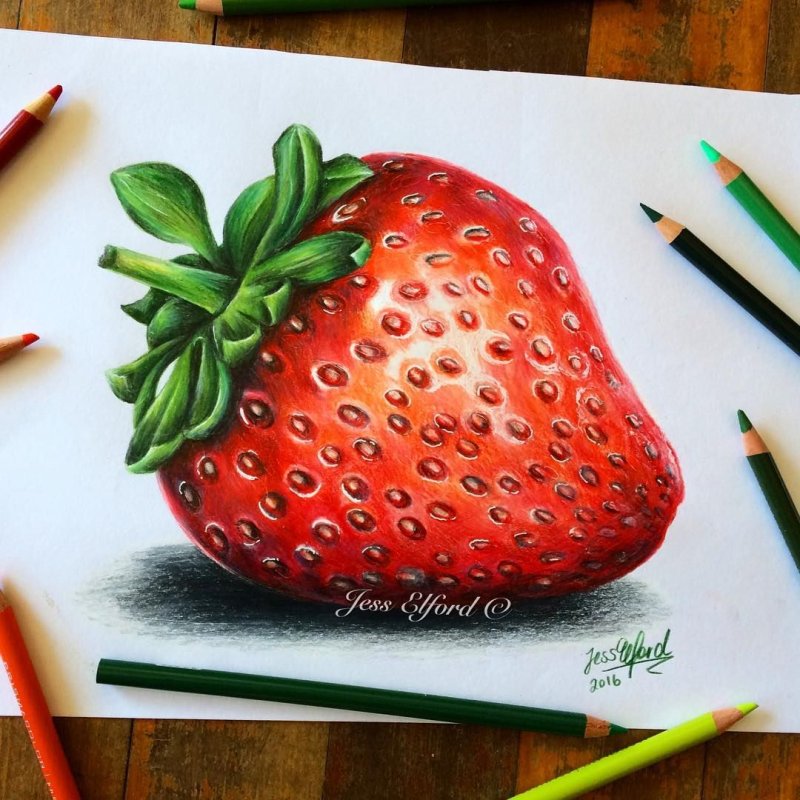 Клубника цветными карандашами