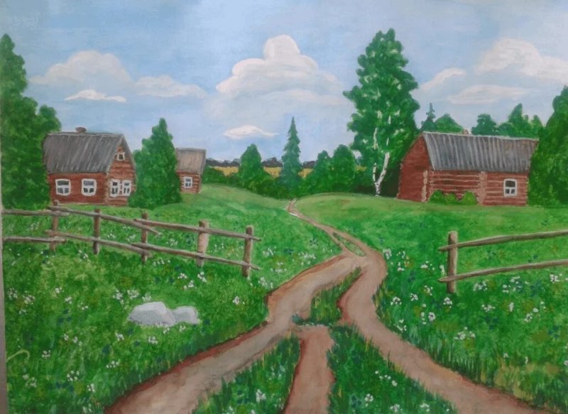 Деревенский пейзаж рисунок