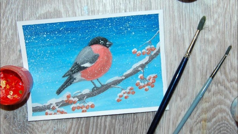 Рисование красками снегирей