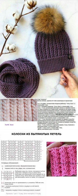 Вязание шапки узором колоски спицами