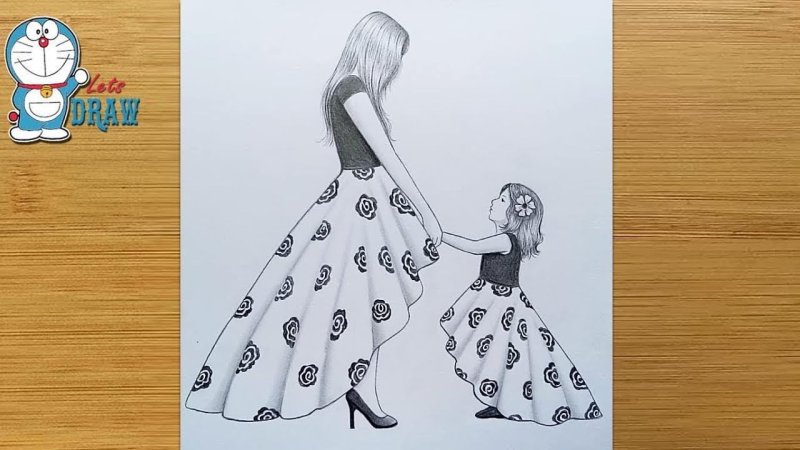 Мама и дочка рисунок для срисовки