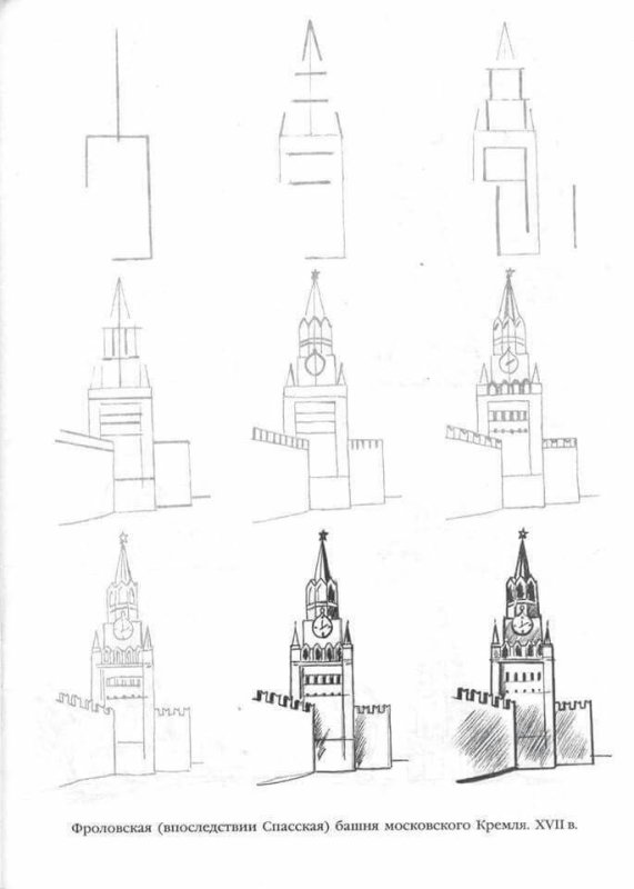 Рисование Спасская башня Кремля пошагово