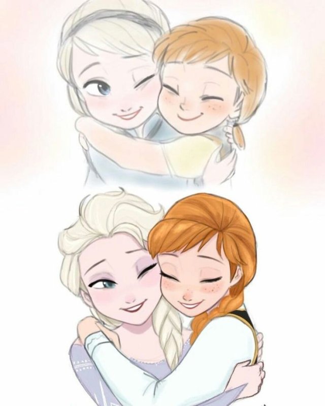 Анна и Эльза обнимаются из холодного сердца 2