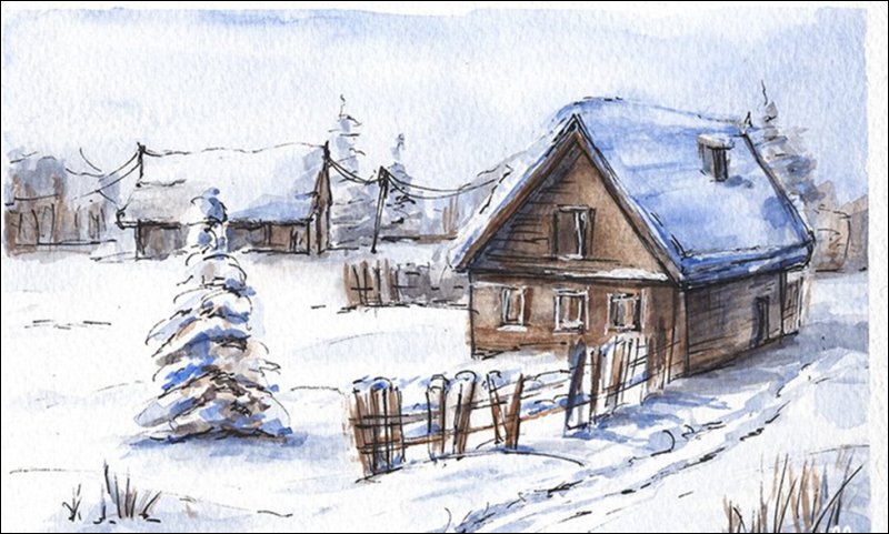Зимний пейзаж гуашью