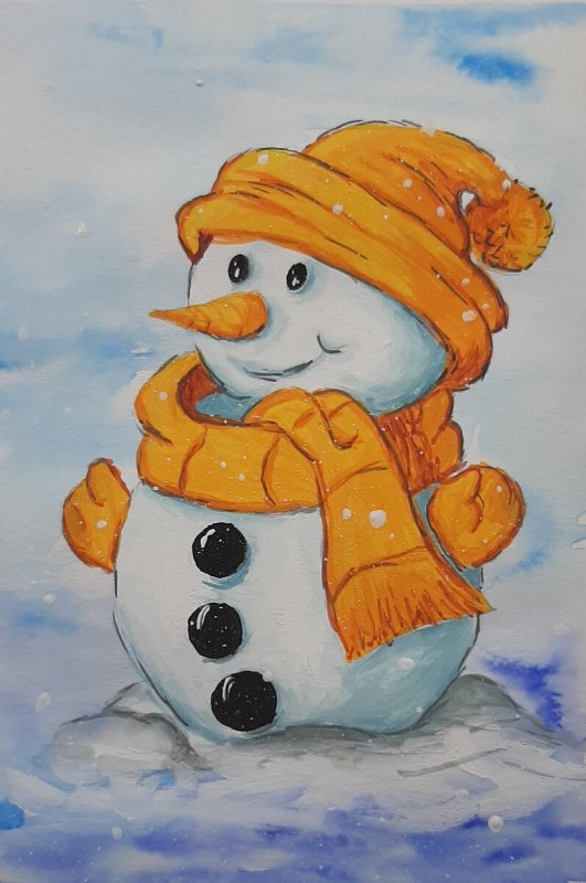 Снеговик акварелью для детей