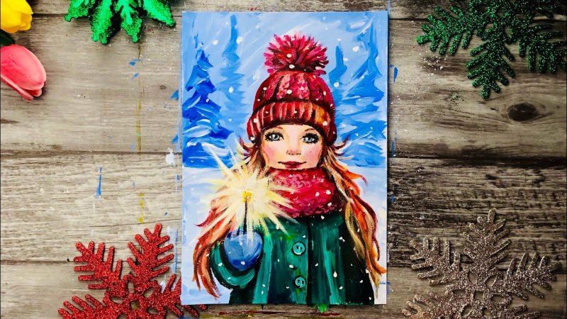 Рисунок гуашь Новогодняя шапка девочка гуашь дети 4 года