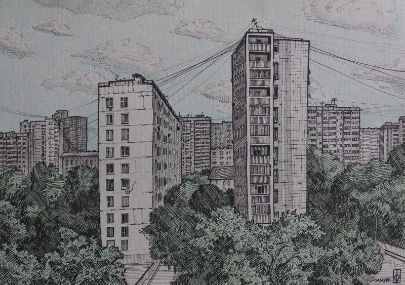 Многоэтажный дом карандашом