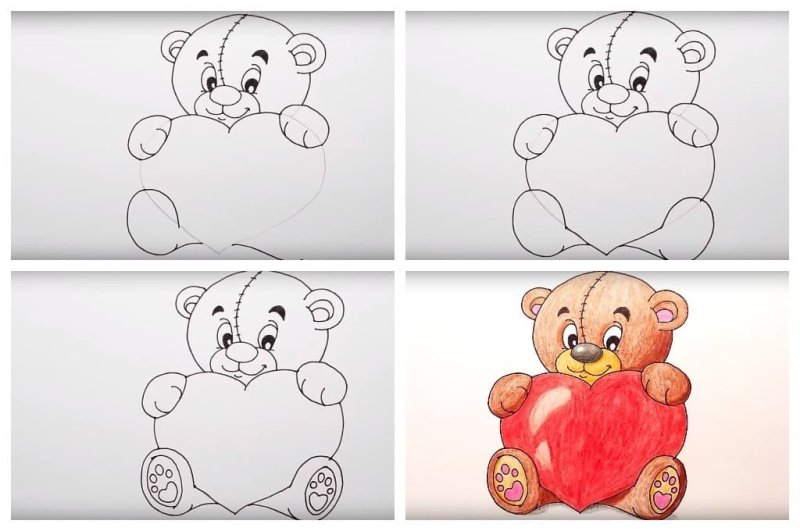 Нарисовать мишку с сердечком карандашом