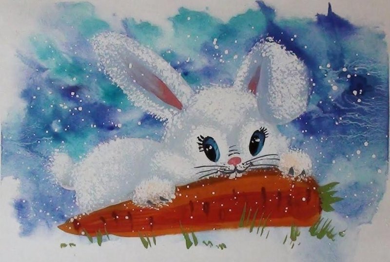 Рисунок новогоднего зайца гуашью
