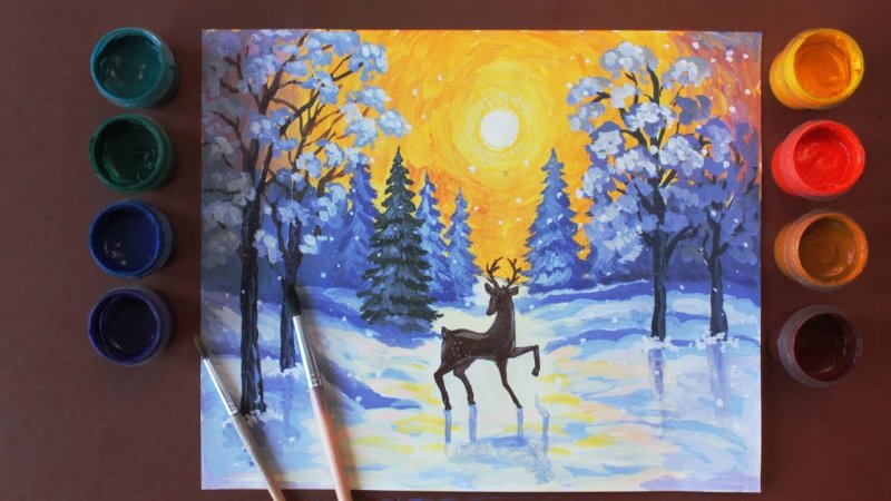 Рисунок зима красками
