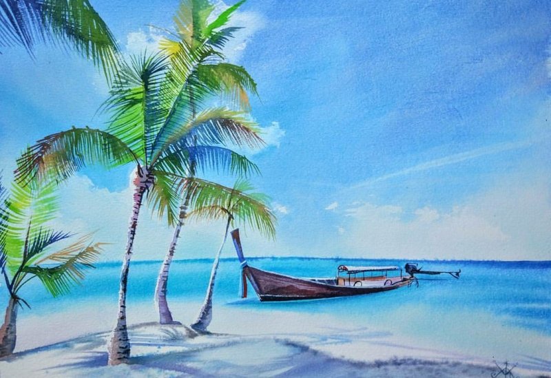 Пляж море пальмы живопись