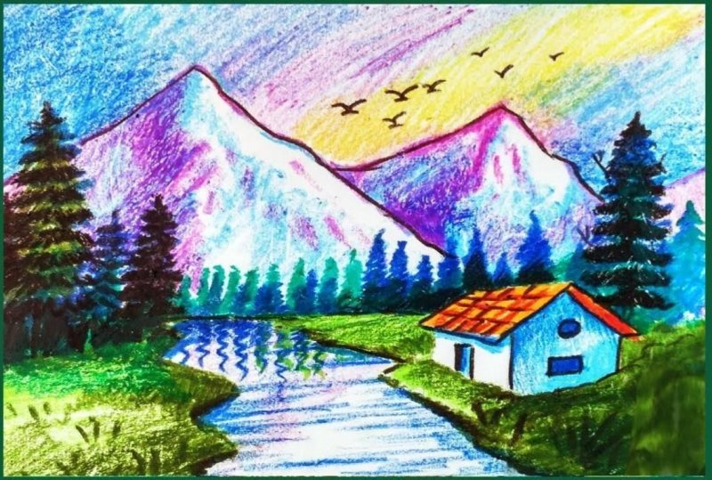 Горный пейзаж рисунок легко