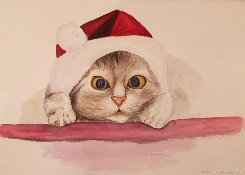 Новогодний кот акварель