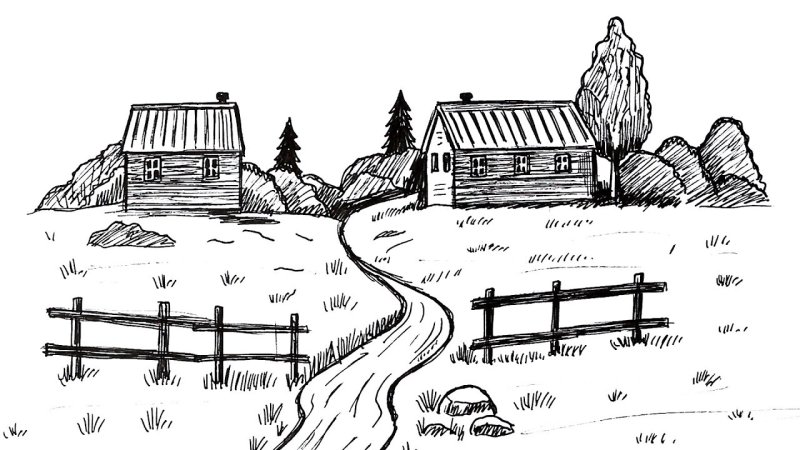 Сельский пейзаж карандашом