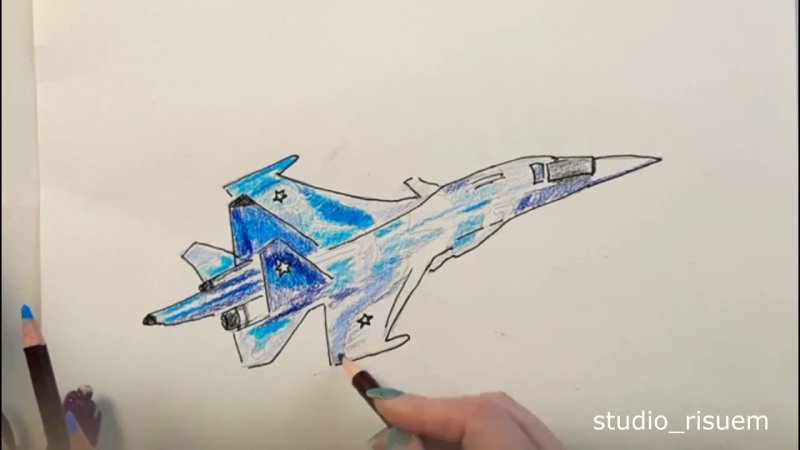 Самолёт рисунок карандашом цветной
