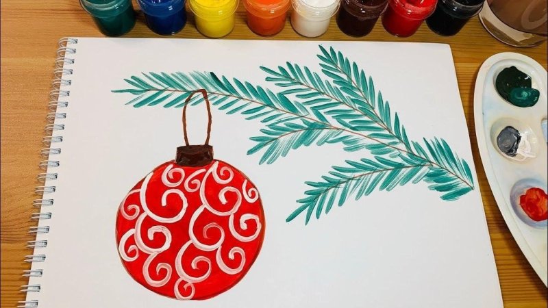 Рисование ветки ели на новый год
