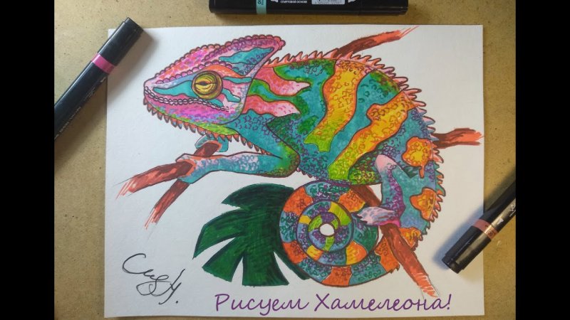 Хамелеон рисунок фломастерами