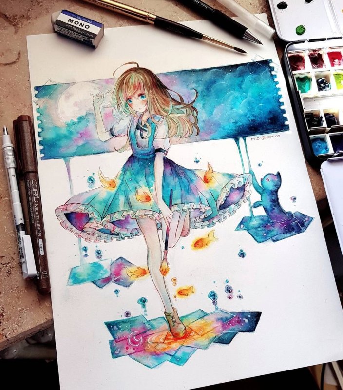 Рисунки акварелью аниме
