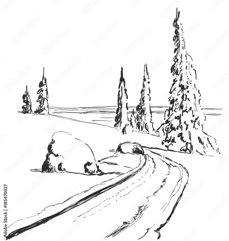 Пейзаж зимы карандашом