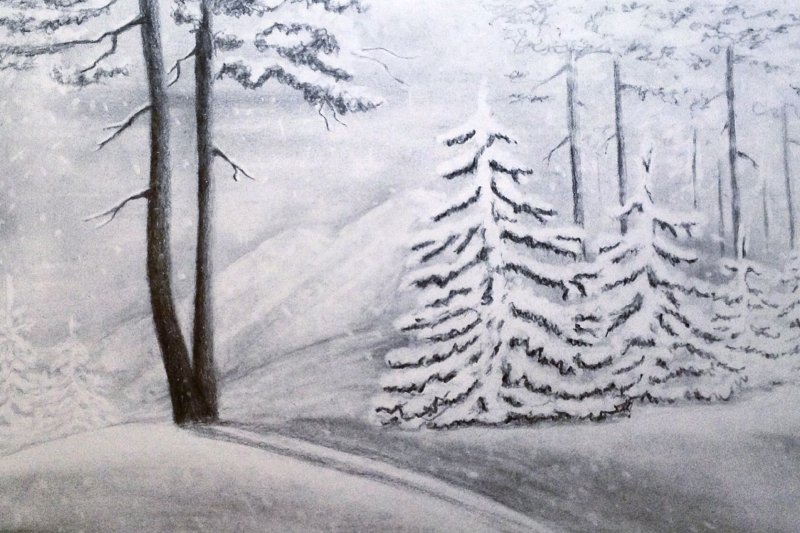 Зимний пейзаж рисунок карандашом