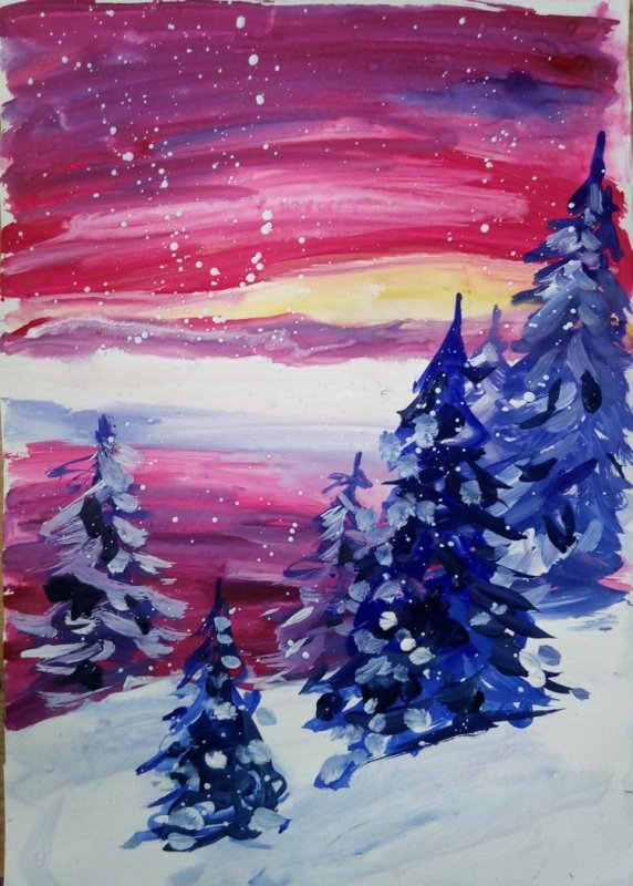 Зимний лес гуашью