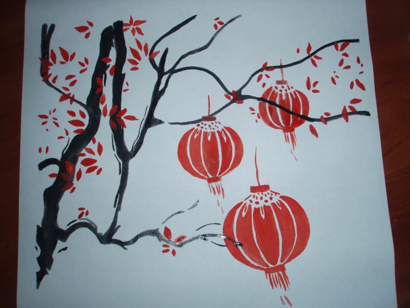 Гуашью китайский фонарь
