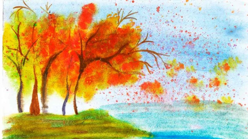 Осенний пейзаж акварелью для детей
