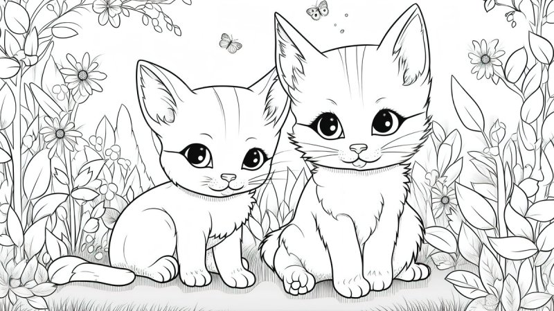 Раскраска котик с цветами