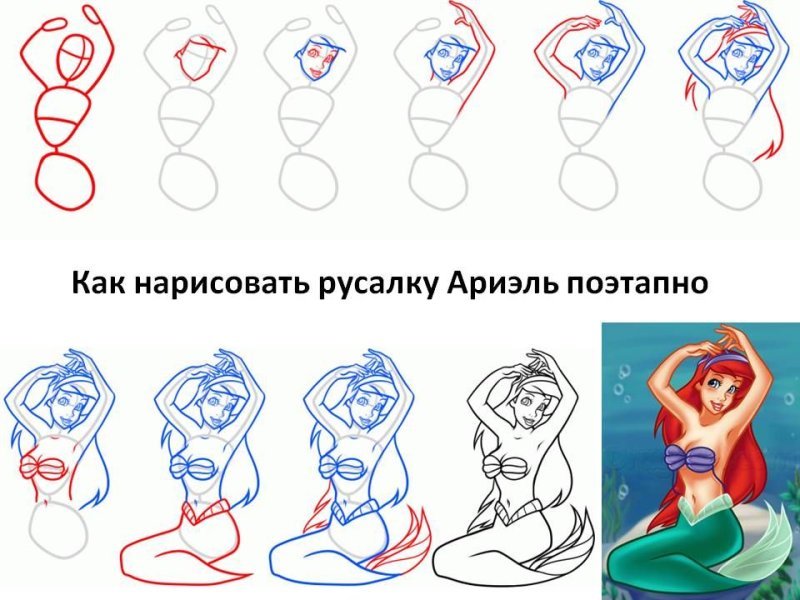 Русалочка рисунок пошагово