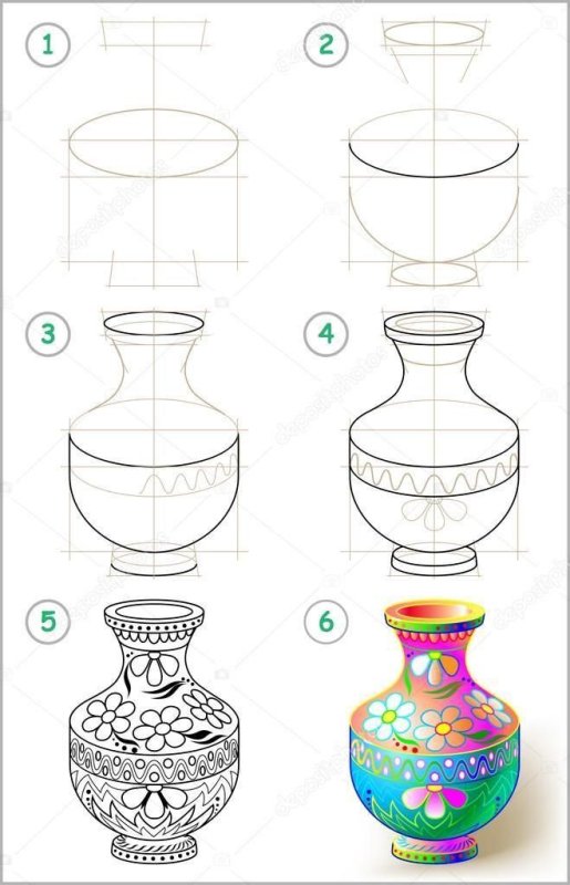 Поэтапный рисунок вазы карандашом