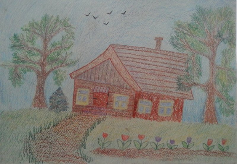 Пейзаж деревни карандашом