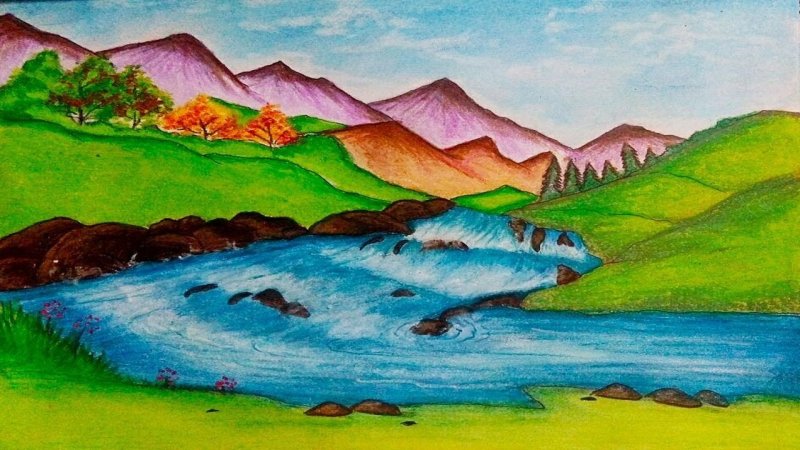 Пейзаж цветными карандашами