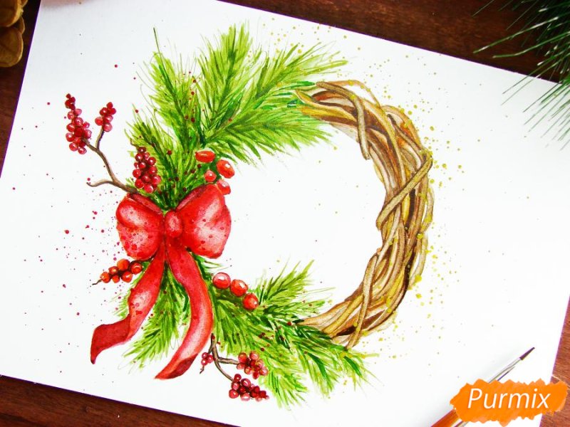 Рисунок венка Рождественского красками