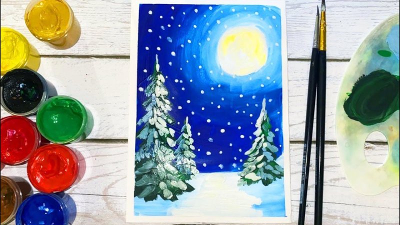 Рисунок стеклянный шар с зимним пейзажем гуашью