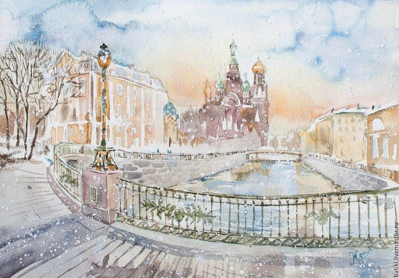 Город зимой живопись