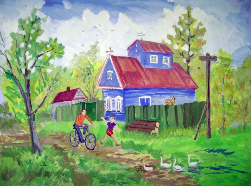 Деревенский пейзаж гуашью