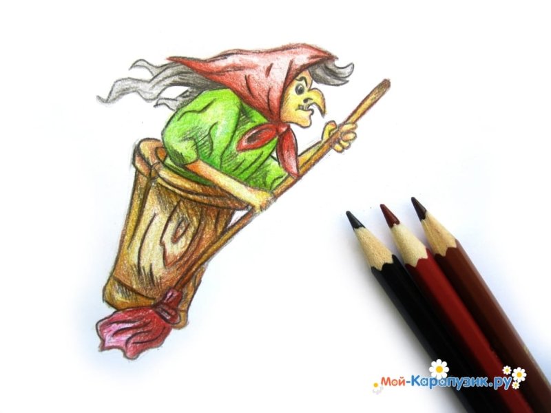Баба Яга рисунок для детей карандашом