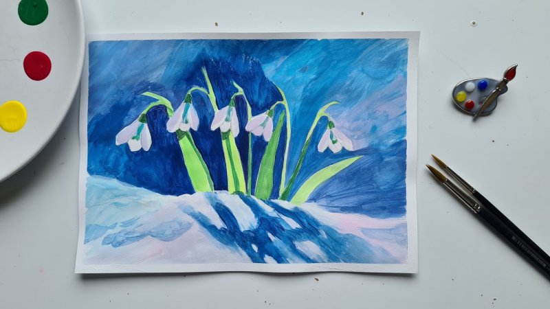 Рисуем подснежники гуашью с детьми