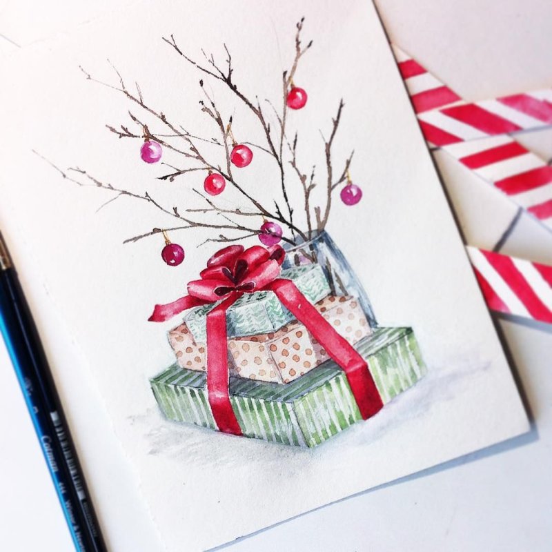 Новогодние открытки скетчинг