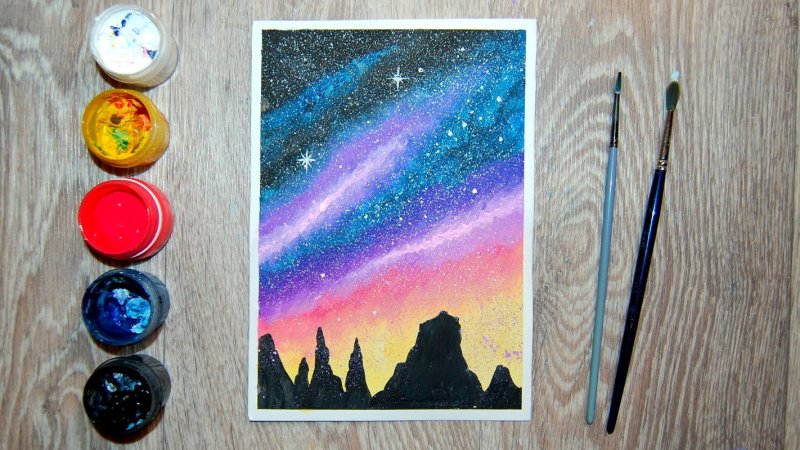 Рисунок гуашью космос для начинающих