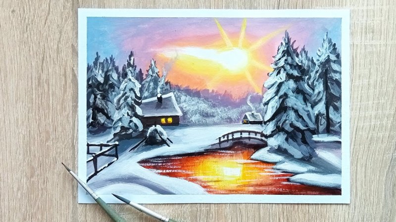 Рисование гуашью зимний пейзаж