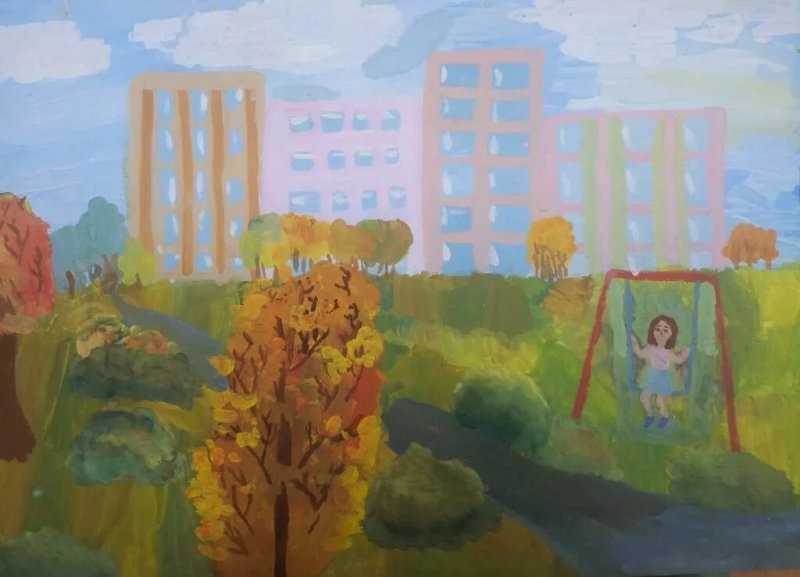 Осенний двор рисунок