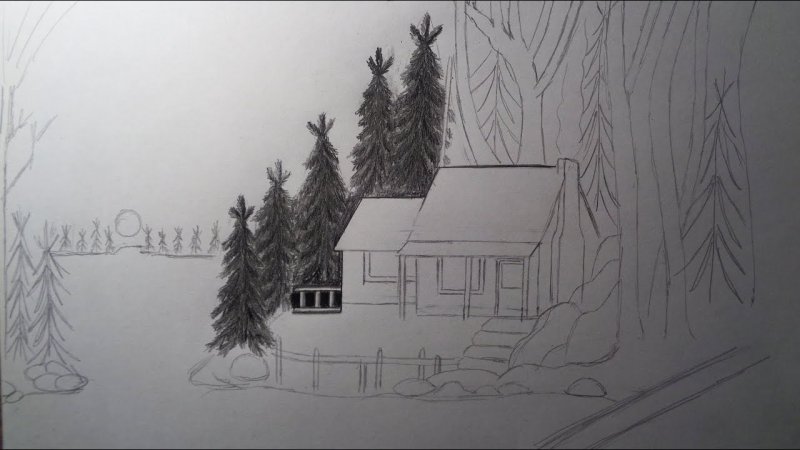 Зимний лес карандашом